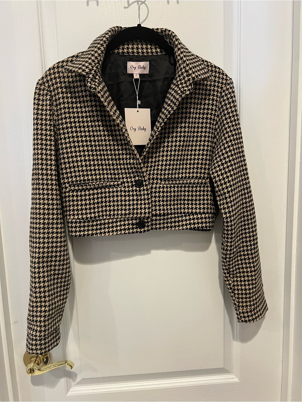 Cropped Houndstooth Blazer in Black and Cream by Cry Baby